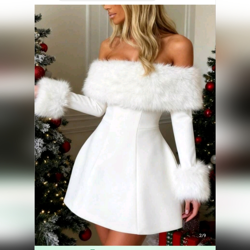 Elegant Off-Shoulder White Dress with Faux Fur Trim